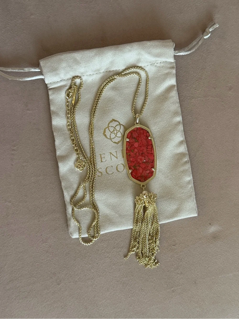 Kendra Scott Rayne Gold Long Tassel Necklace – Red/Coral Composite Stone